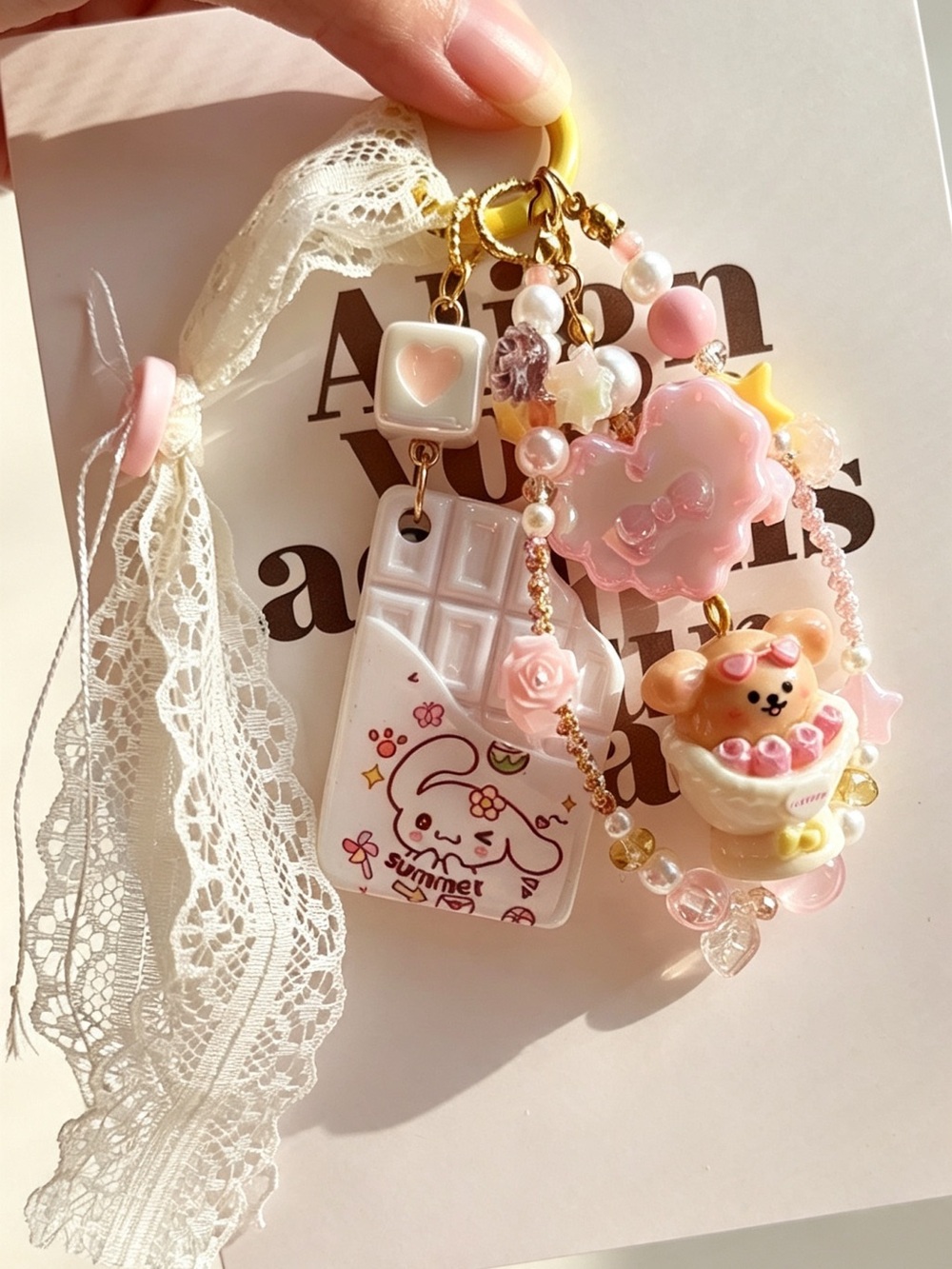 Maltese Butter Bear & Pink Floral Pearly Bag Phone Charm with Lace